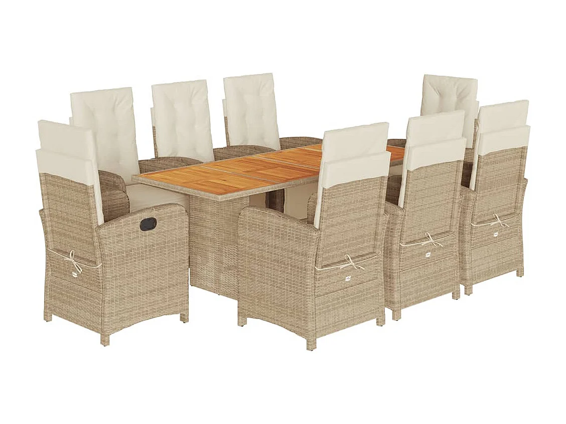 9 pcs conjunto de jantar p/ jardim com almofadões vime PE bege