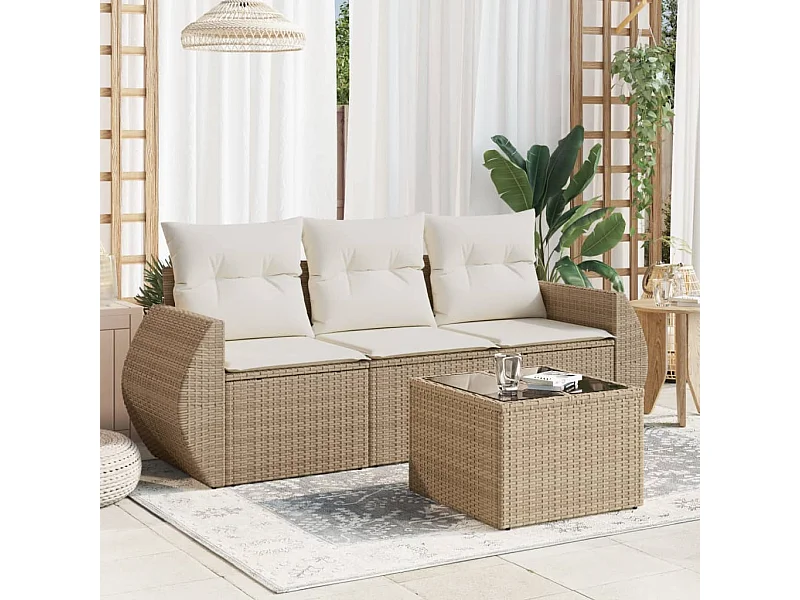 Set Divano da Giardino 4 pz con Cuscini Beige in Polyrattan