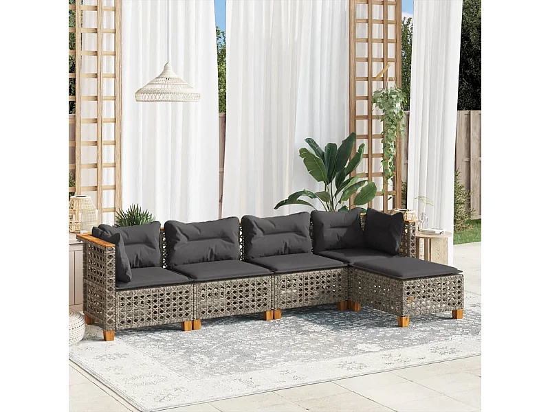 5-tlg. Garten-Sofagarnitur mit Kissen Grau Poly Rattan