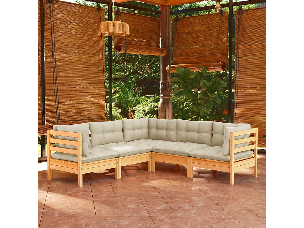 Salon de jardin 5 pcs avec coussins crème bois de pin massif