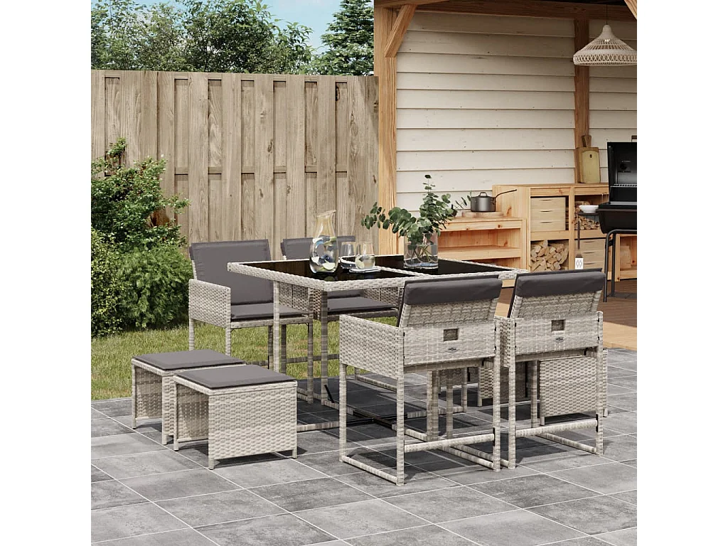 Set Pranzo da Giardino 9pz con Cuscini Grigio Chiaro Polyrattan