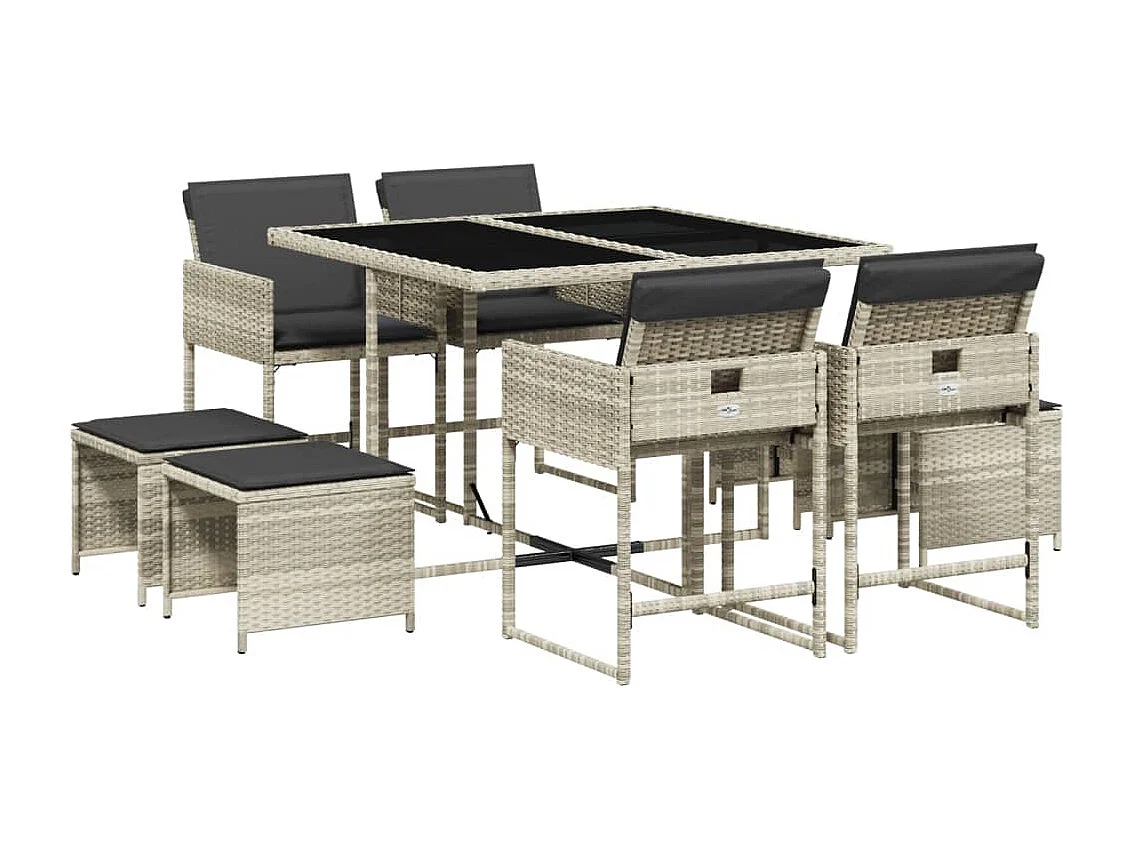 Set Pranzo da Giardino 9pz con Cuscini Grigio Chiaro Polyrattan