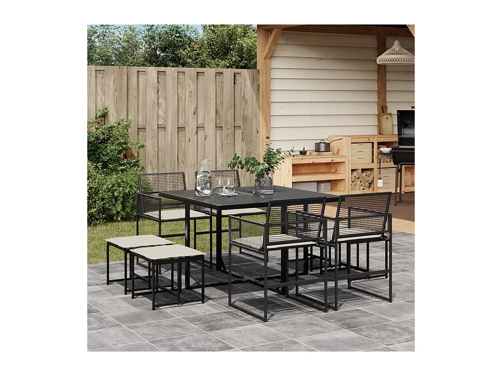 Set da Pranzo da Giardino 9 pz con Cuscini Nero in Polyrattan