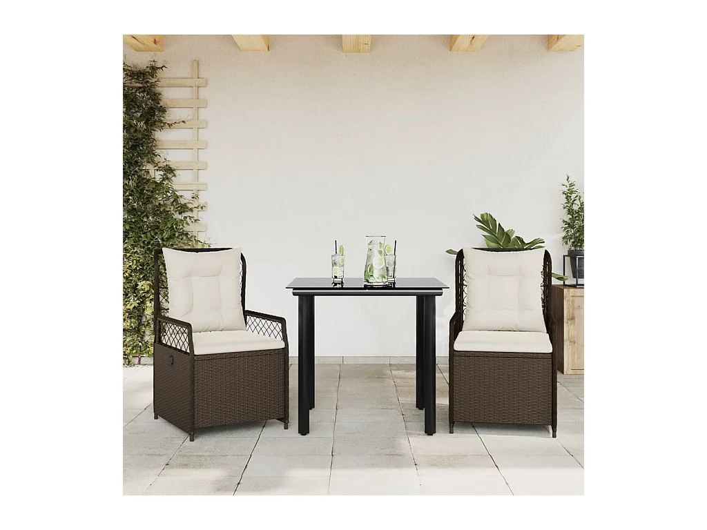 Set da Pranzo da Giardino 3pz con Cuscini in Polyrattan Marrone
