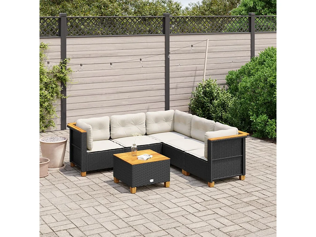 6-delige Loungeset met kussens poly rattan zwart