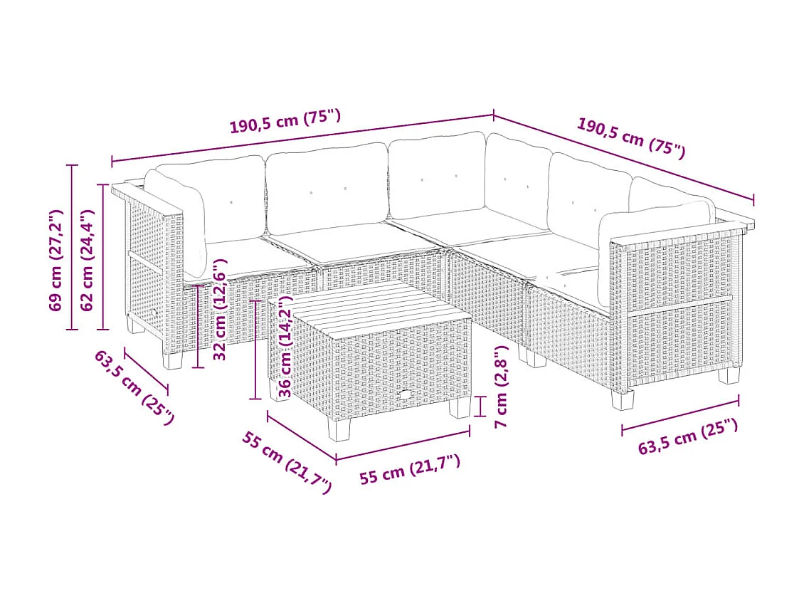 6-delige Loungeset met kussens poly rattan zwart