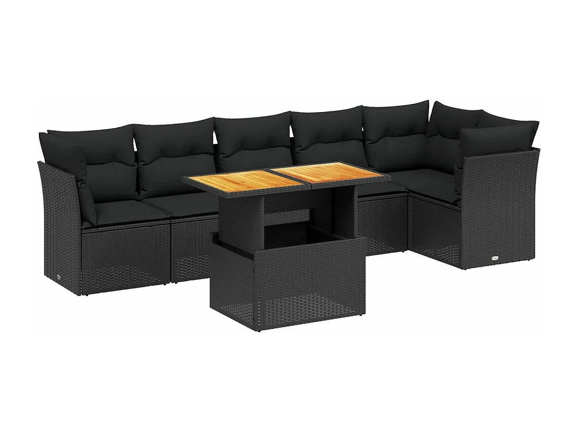 7 pcs conjunto de sofás p/ jardim c/ almofadões vime PE preto