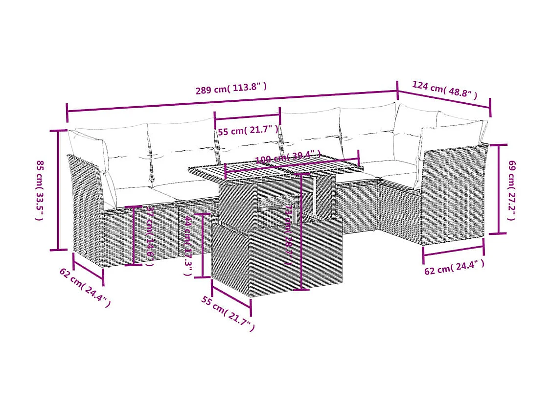 7 pcs conjunto de sofás p/ jardim c/ almofadões vime PE preto