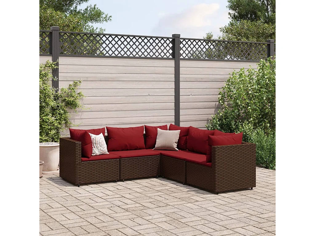 Set Divani da Giardino 5 pz con Cuscini Marrone in Polyrattan