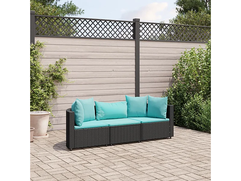 Salon de jardin 3 pcs avec coussins noir résine tressée