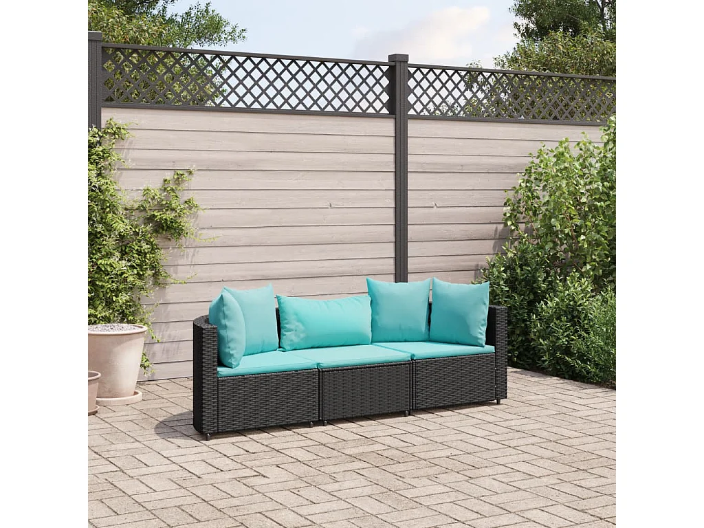 Salon de jardin 3 pcs avec coussins noir résine tressée