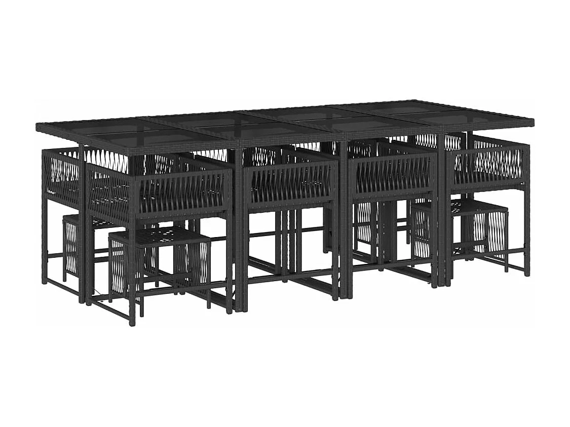 Set da Pranzo da Giardino 13pz con Cuscini Nero in Polyrattan