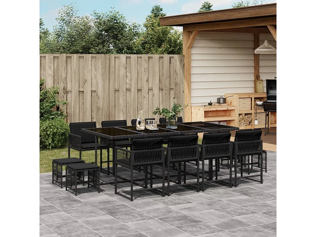 Set da Pranzo da Giardino 13pz con Cuscini Nero in Polyrattan