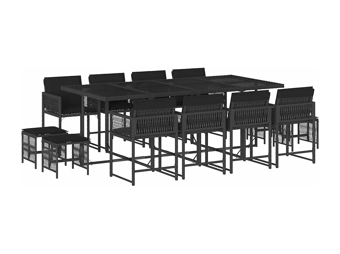 Set da Pranzo da Giardino 13pz con Cuscini Nero in Polyrattan