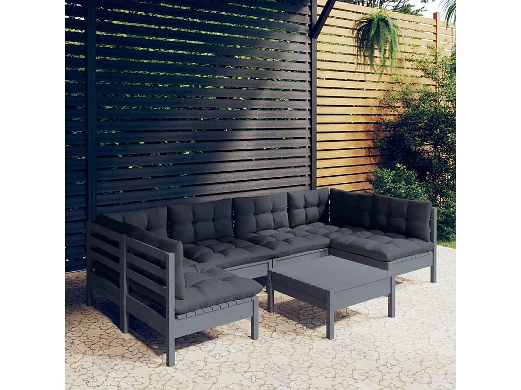 Salon de jardin 7 pcs avec coussins gris bois de pin massif