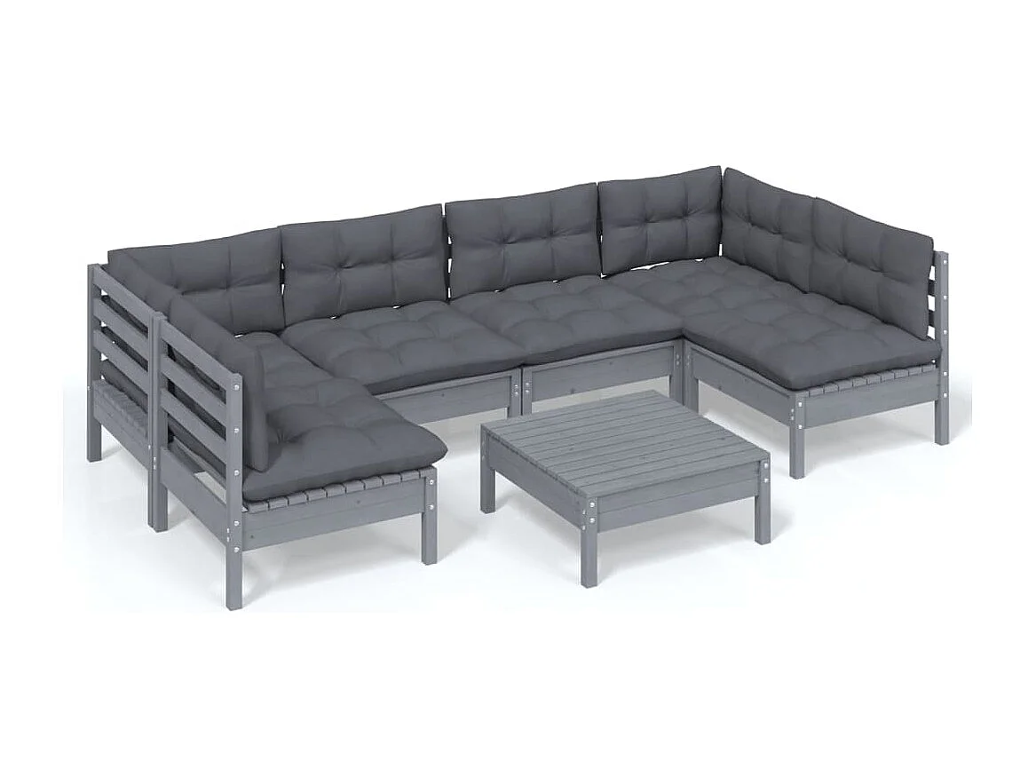 Salon de jardin 7 pcs avec coussins gris bois de pin massif