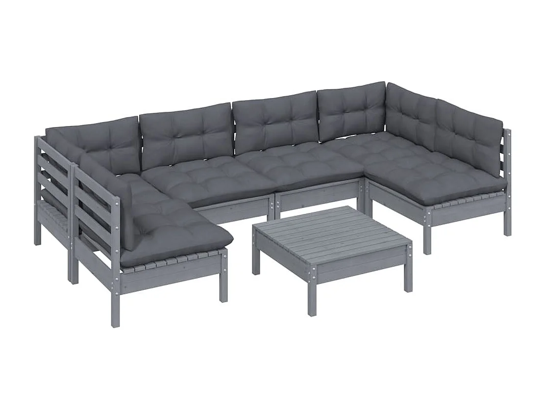 Salon de jardin 7 pcs avec coussins gris bois de pin massif