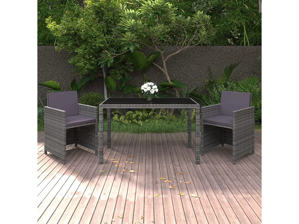 3 pcs conjunto jantar p/ jardim c/ almofadões vime PE cinzento