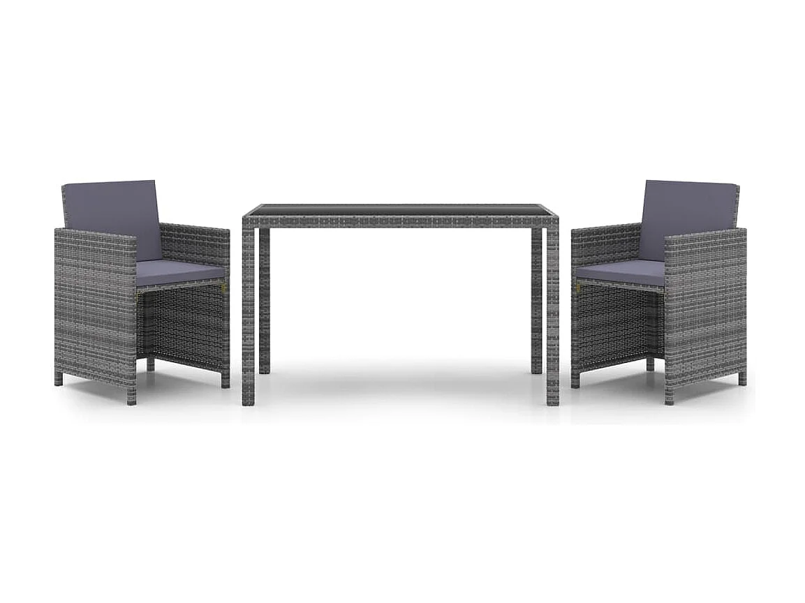 3 pcs conjunto jantar p/ jardim c/ almofadões vime PE cinzento