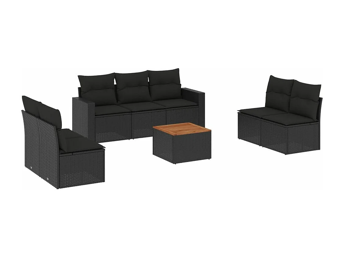 8-delige Loungeset met kussens poly rattan zwart