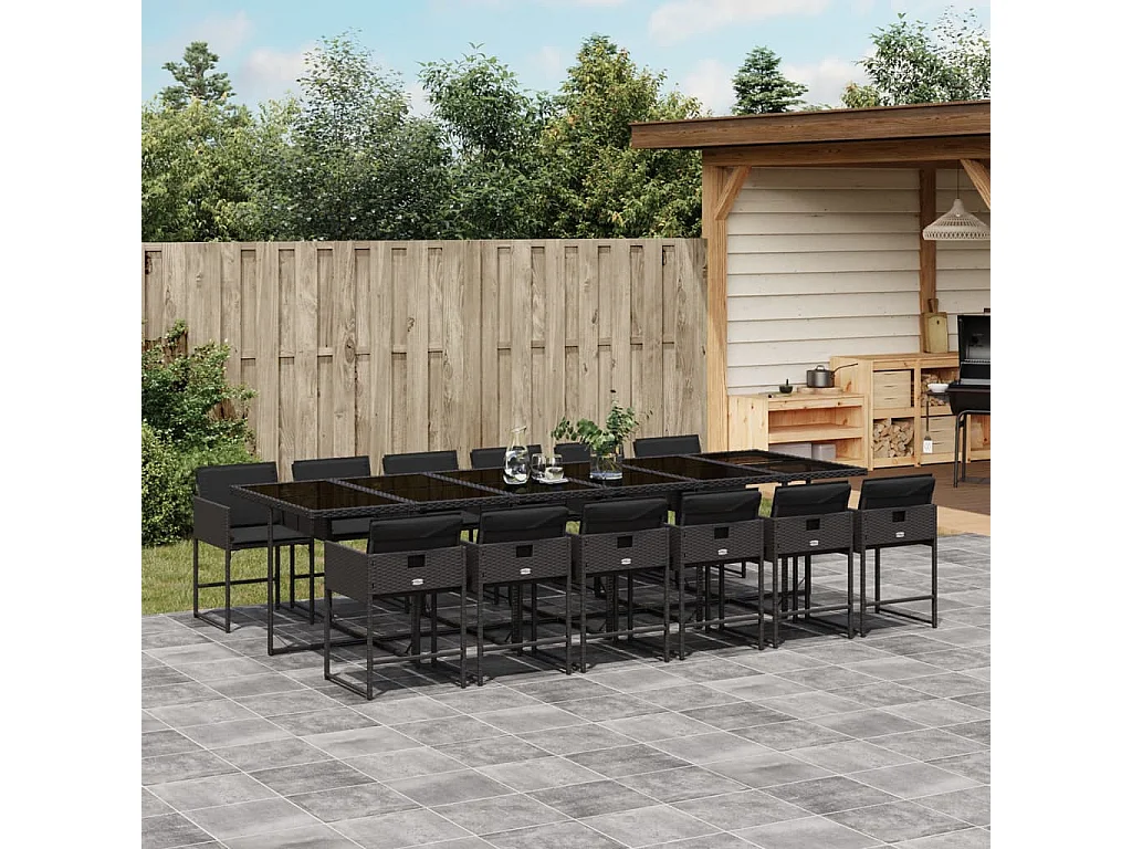 Set da Pranzo da Giardino 13pz con Cuscini Nero in Polyrattan