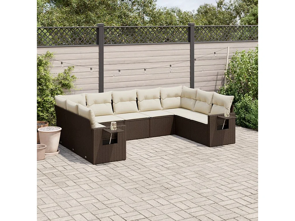 Salon de jardin avec coussins 9 pcs marron résine tressée