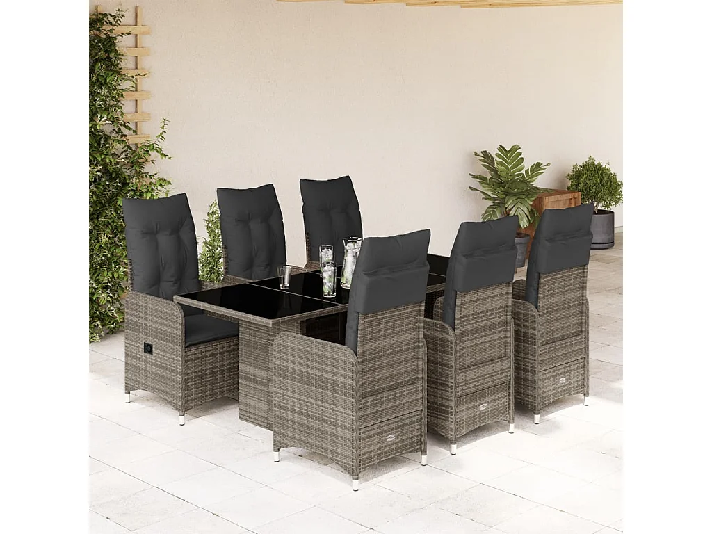 Ensemble de bistro de jardin 7 pcs coussins gris poly rotin