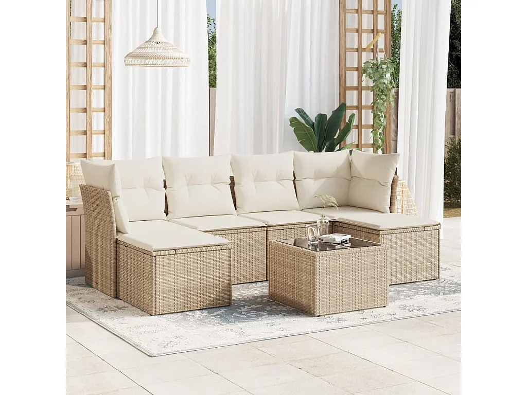 Salon de jardin avec coussins 7 pcs beige résine tressée