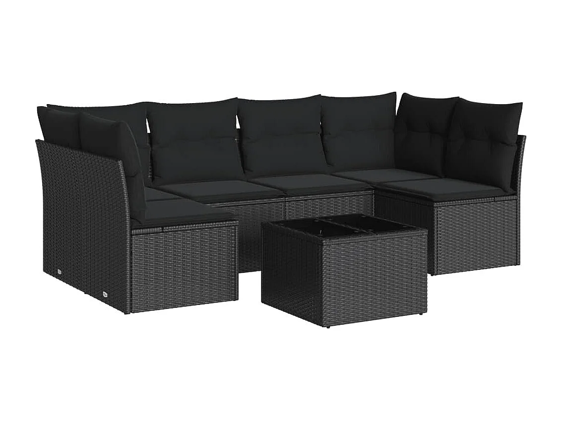 7-tlg. Garten-Sofagarnitur mit Kissen Schwarz Poly Rattan