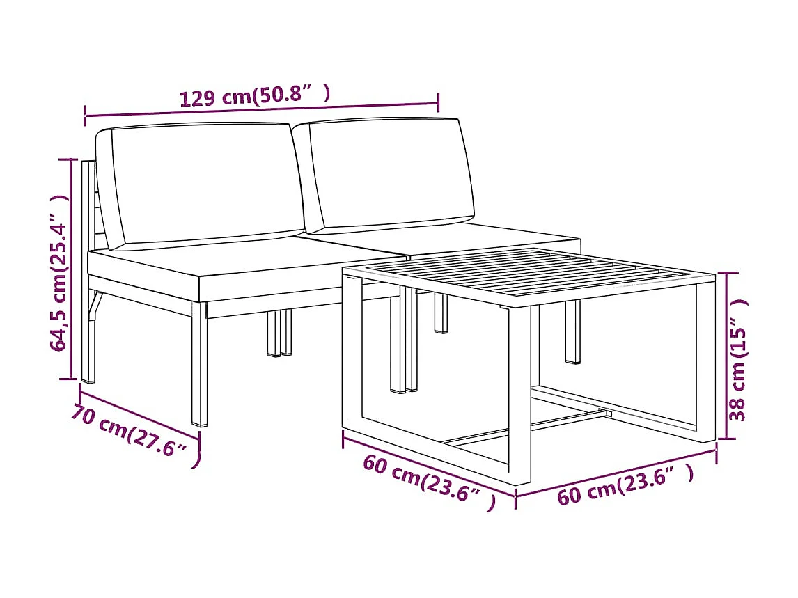 Salon de jardin 3 pcs avec coussins Aluminium Anthracite