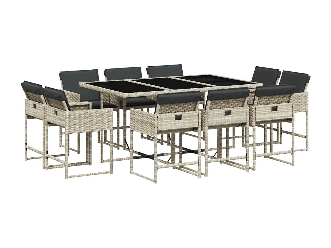Ensemble à manger de jardin 11pcs avec coussins gris poly rotin