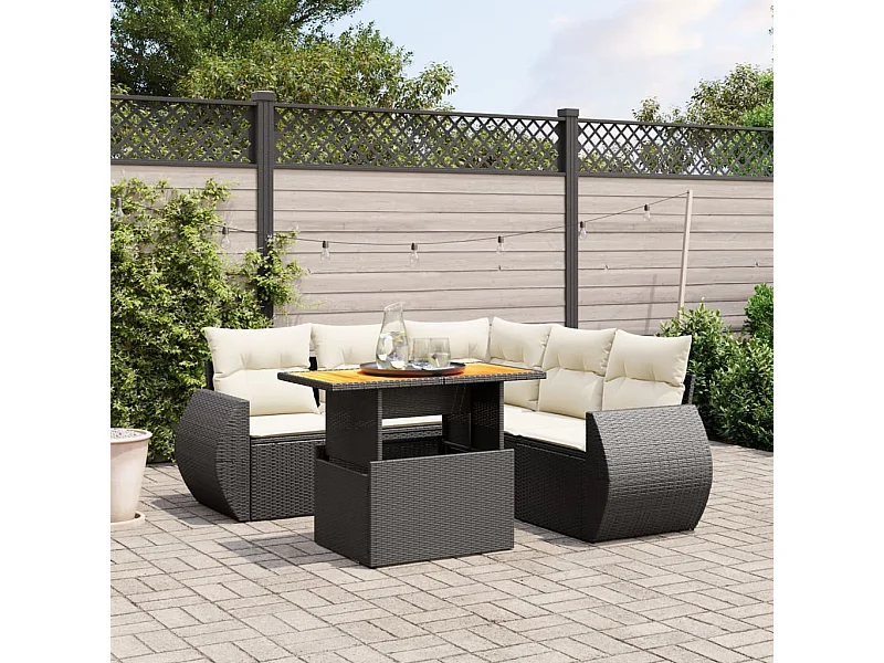 Salon de jardin 6 pcs avec coussins noir résine tressée