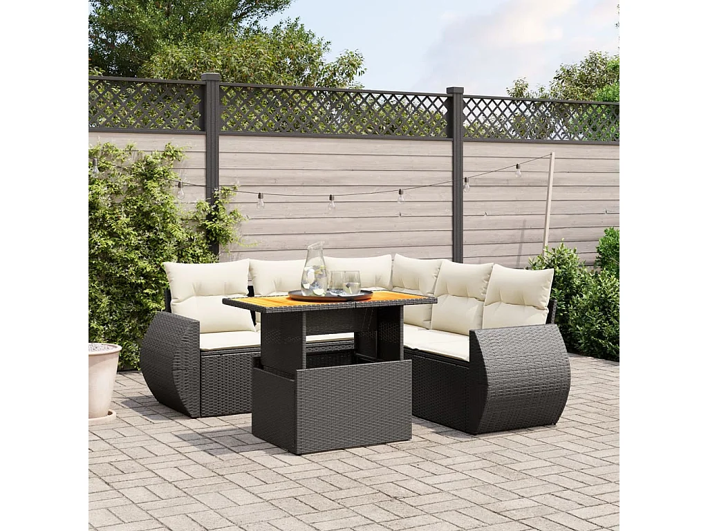 Salon de jardin 6 pcs avec coussins noir résine tressée