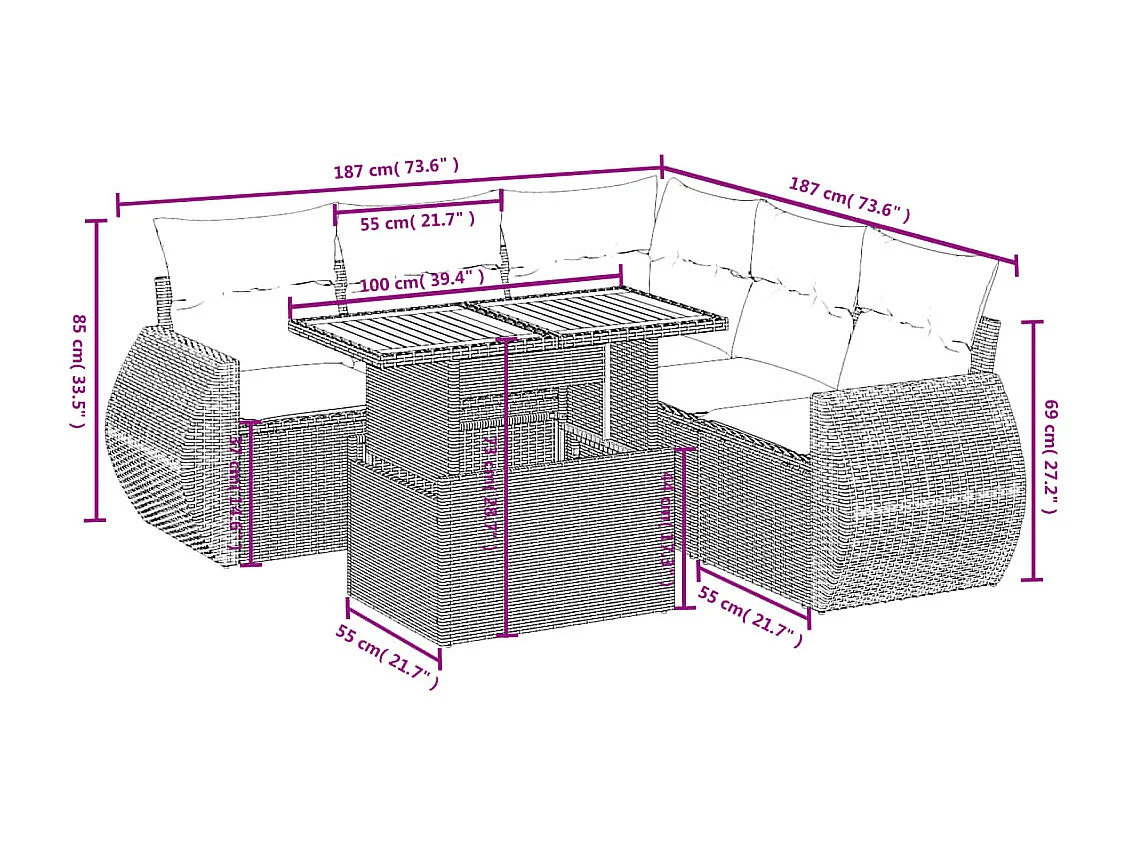 Salon de jardin 6 pcs avec coussins noir résine tressée