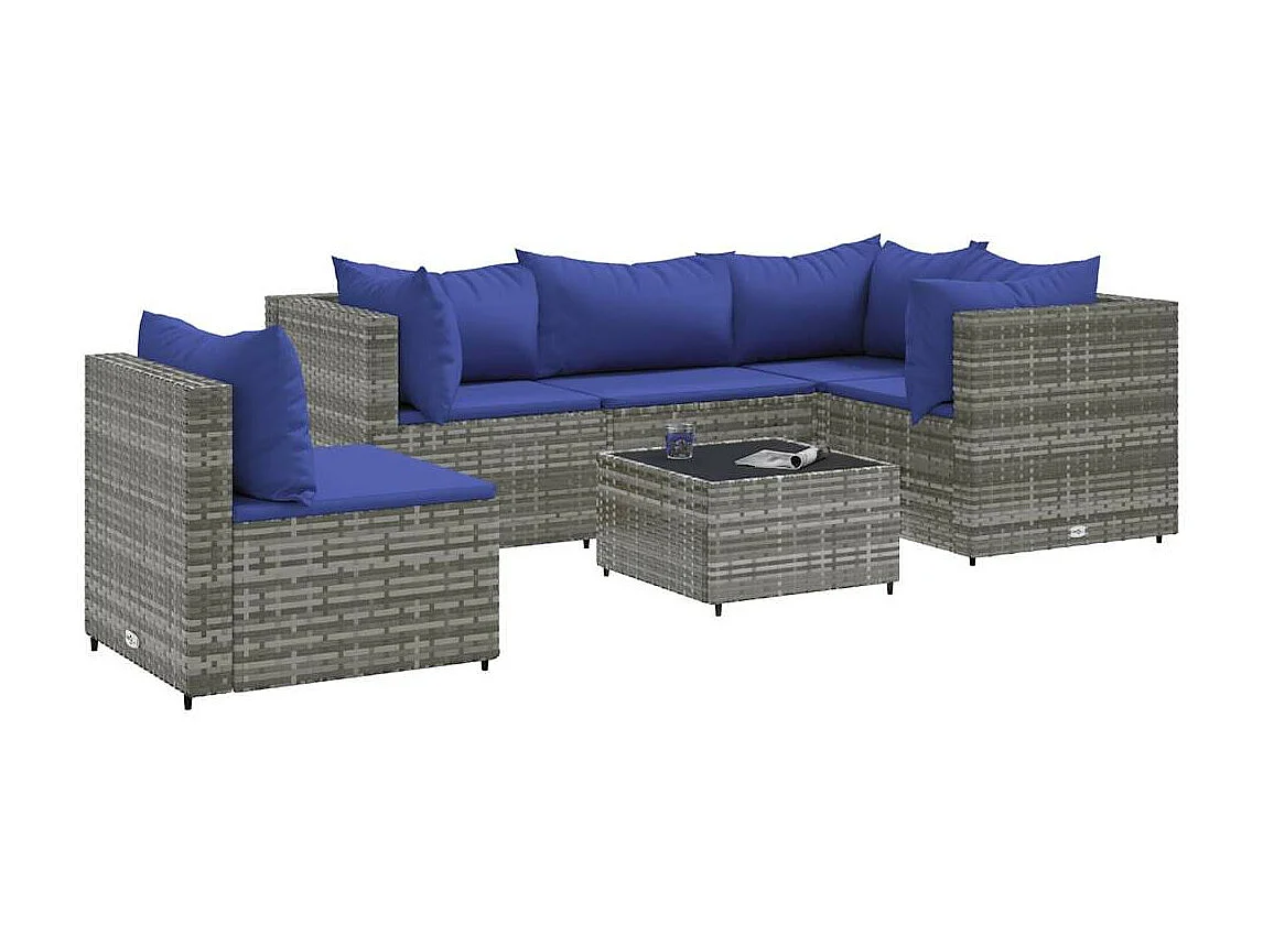 Set Divani da Giardino 6 pz con Cuscini in Polyrattan Grigio
