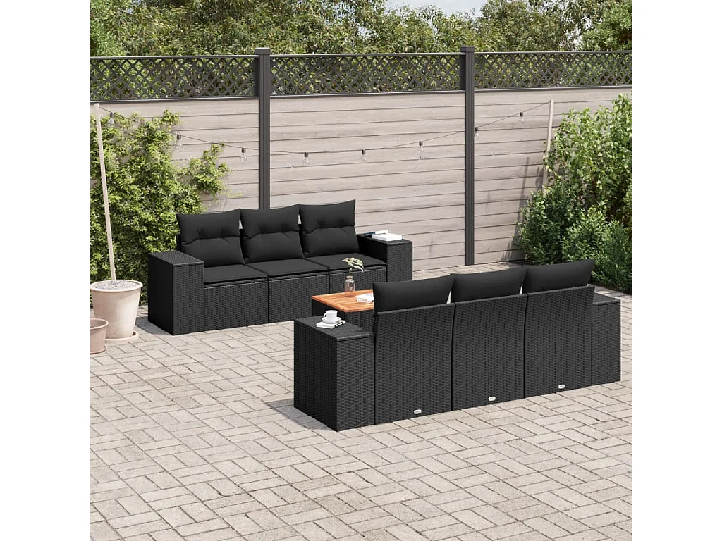 7 pcs conjunto de sofás p/ jardim c/ almofadões vime PE preto