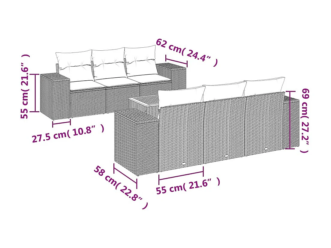 7 pcs conjunto de sofás p/ jardim c/ almofadões vime PE preto