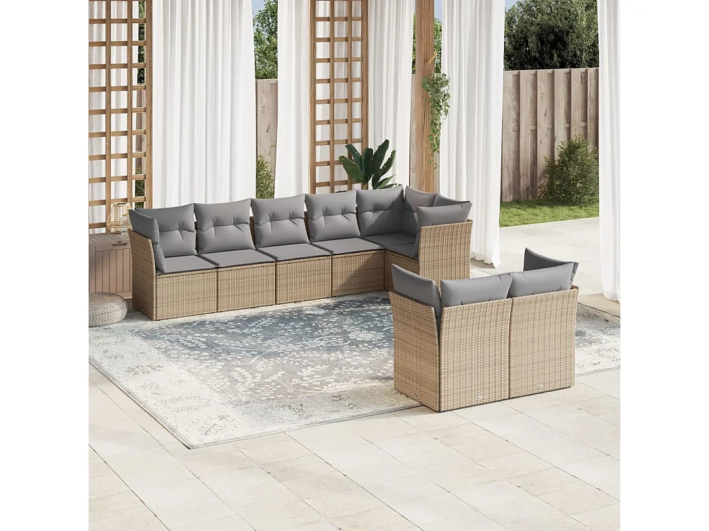 Set Divano da Giardino 8 pz con Cuscini Beige in Polyrattan