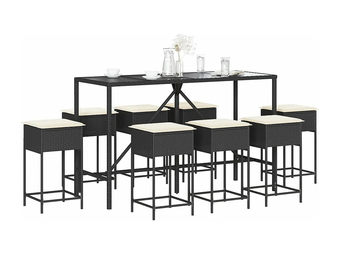 Ensemble de bar de jardin 9 pcs avec coussins noir poly rotin