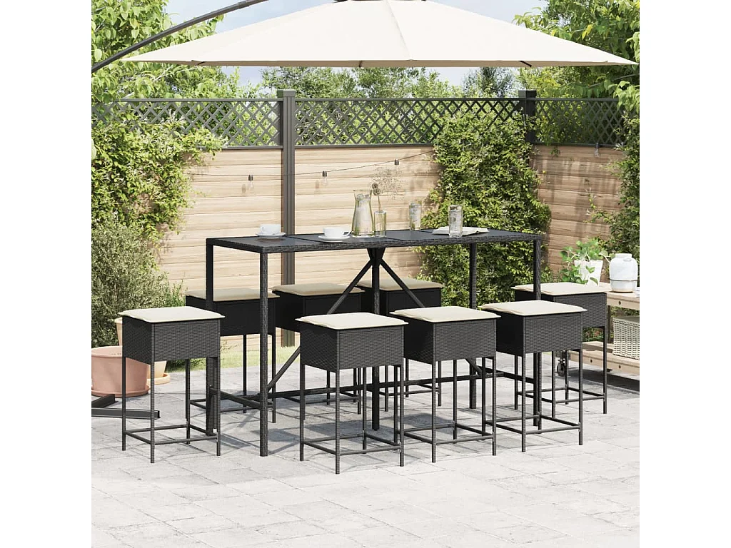 Ensemble de bar de jardin 9 pcs avec coussins noir poly rotin