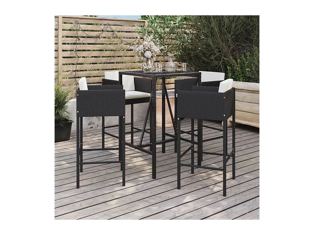 5-tlg. Gartenbar-Set mit Kissen Schwarz Poly Rattan