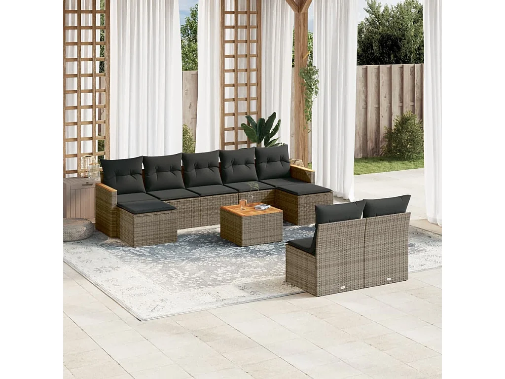 10-delige Loungeset met kussens poly rattan grijs