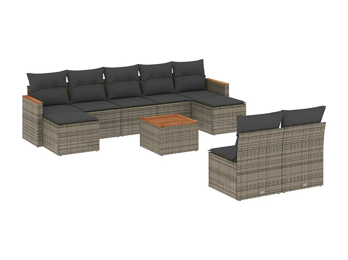 10-delige Loungeset met kussens poly rattan grijs