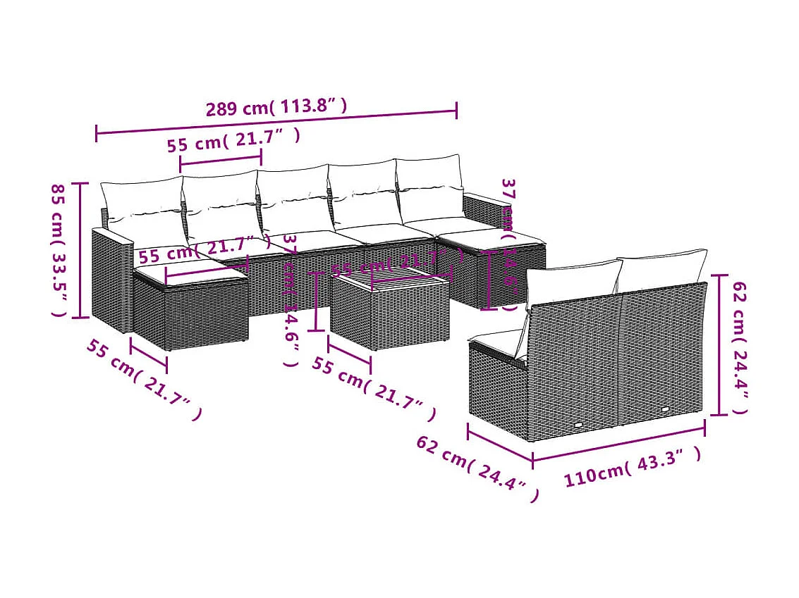 10-delige Loungeset met kussens poly rattan grijs