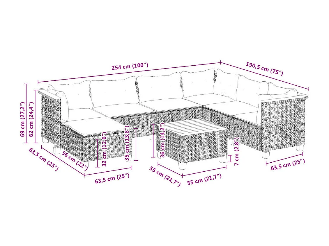 Set Divano da Giardino 8 pz con Cuscini Grigio in Polyrattan