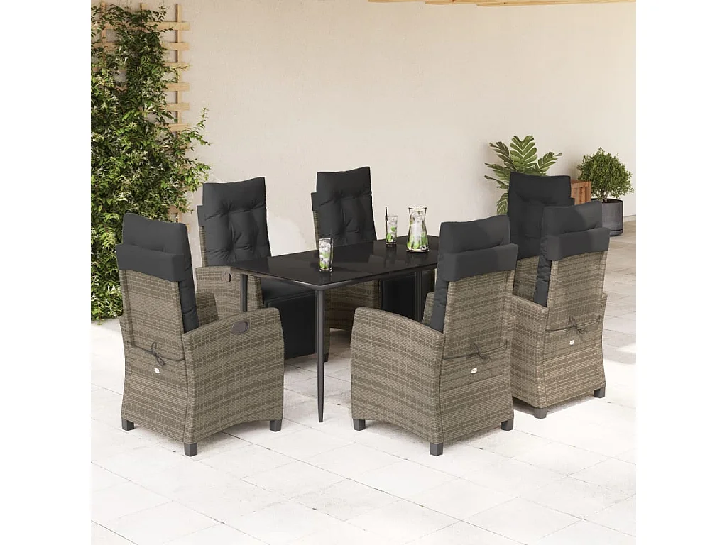 Ensemble à manger de jardin et coussins 7 pcs gris rotin