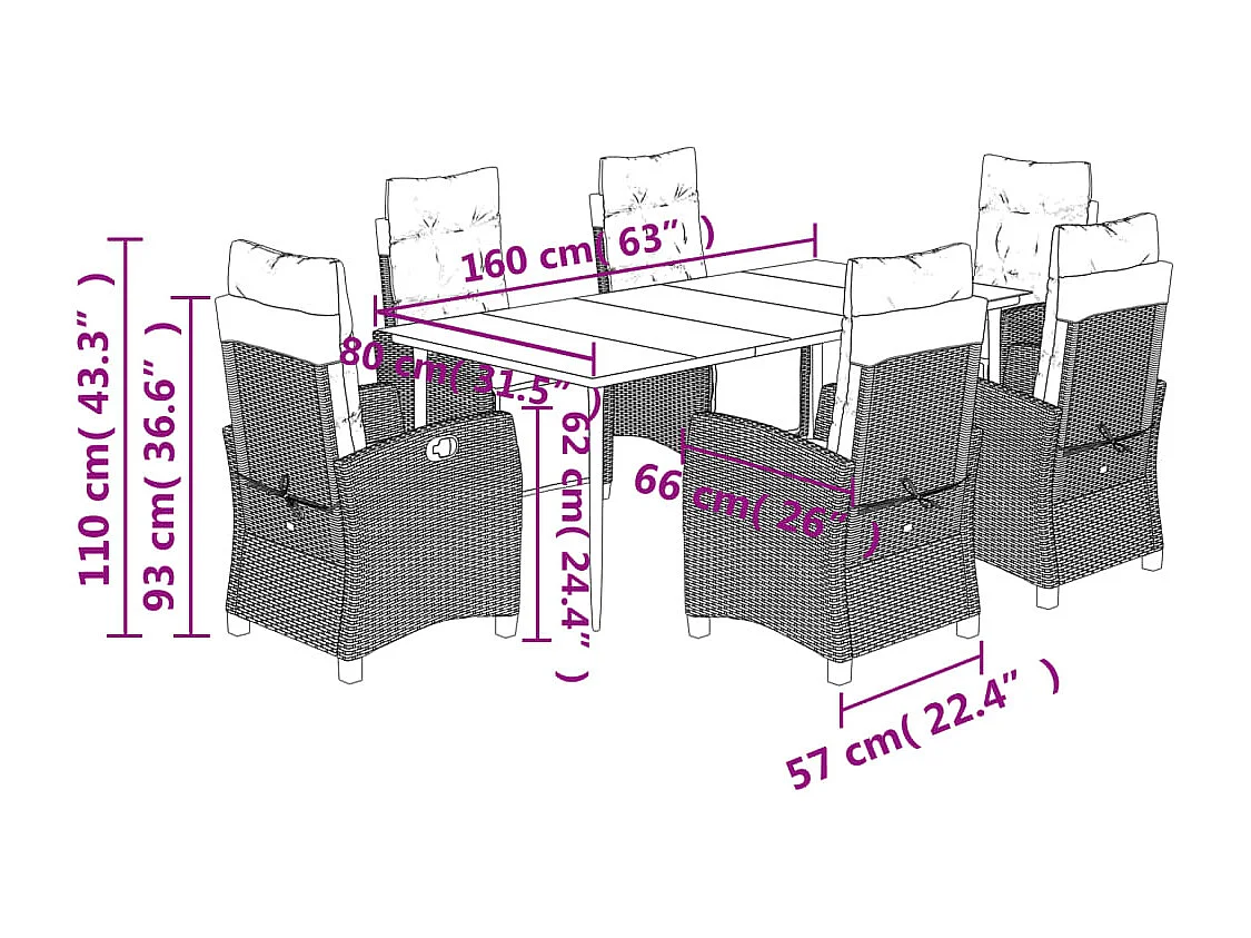 Ensemble à manger de jardin et coussins 7 pcs gris rotin