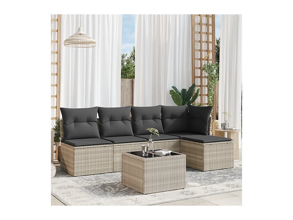 6-delige Loungeset met kussens poly rattan lichtgrijs