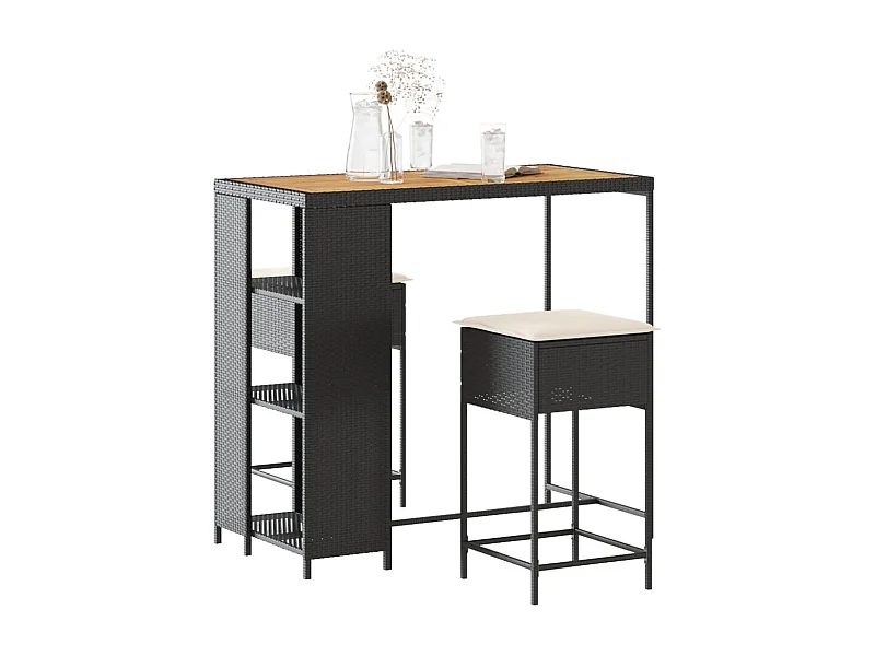 Ensemble de bar de jardin 3 pcs avec coussins noir poly rotin