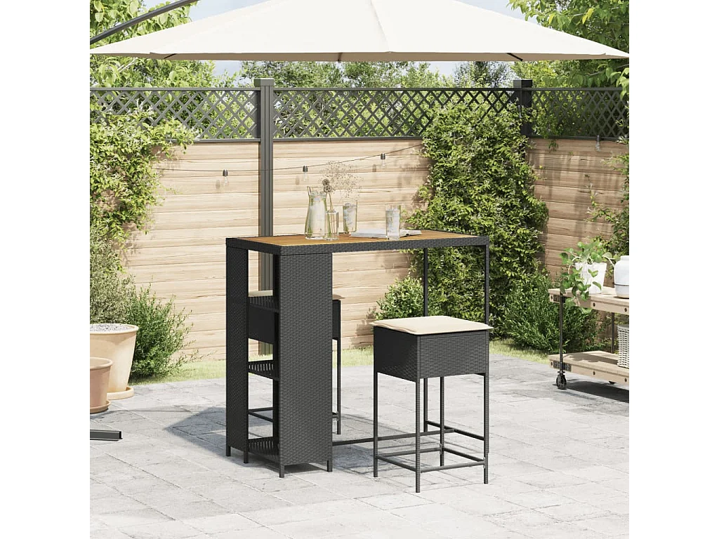 Ensemble de bar de jardin 3 pcs avec coussins noir poly rotin